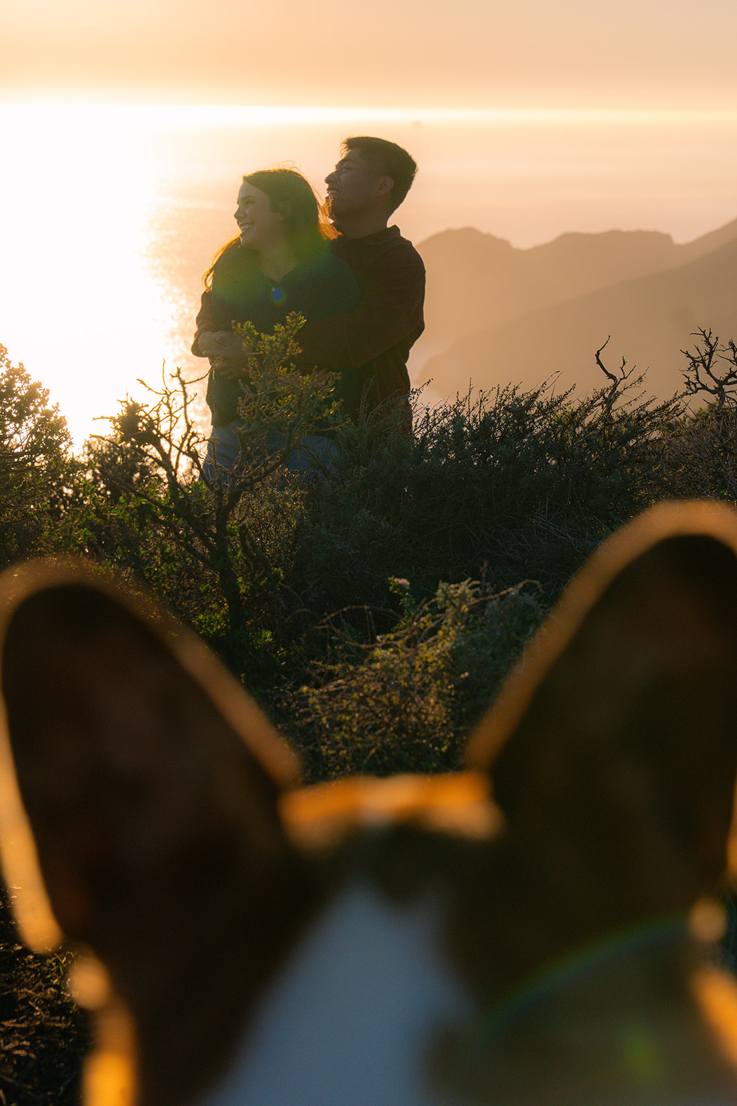 Corgi ears in the foreground as a couple embraces by the sparkling ocean at sunset.
