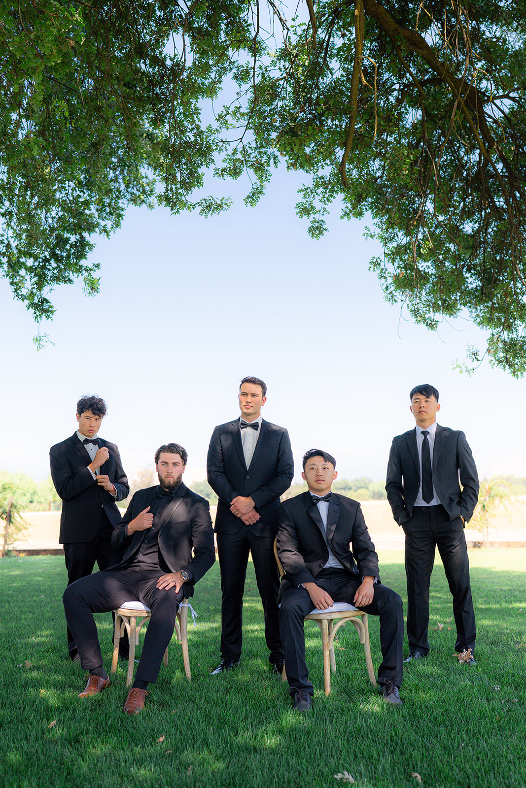 Groom and groomsmen posing together beneath a tree for an editorial wedding portrait at Rainbow Oaks Ranch in Sanger, California.