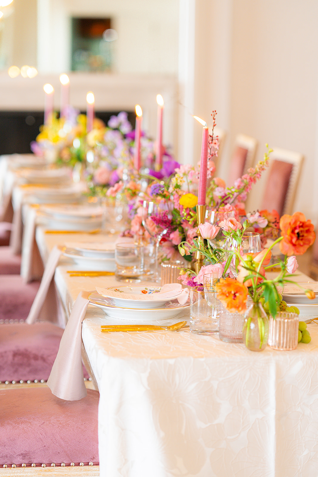 Maximalist wedding reception tablescape at Hollins House in Santa Cruz, California.