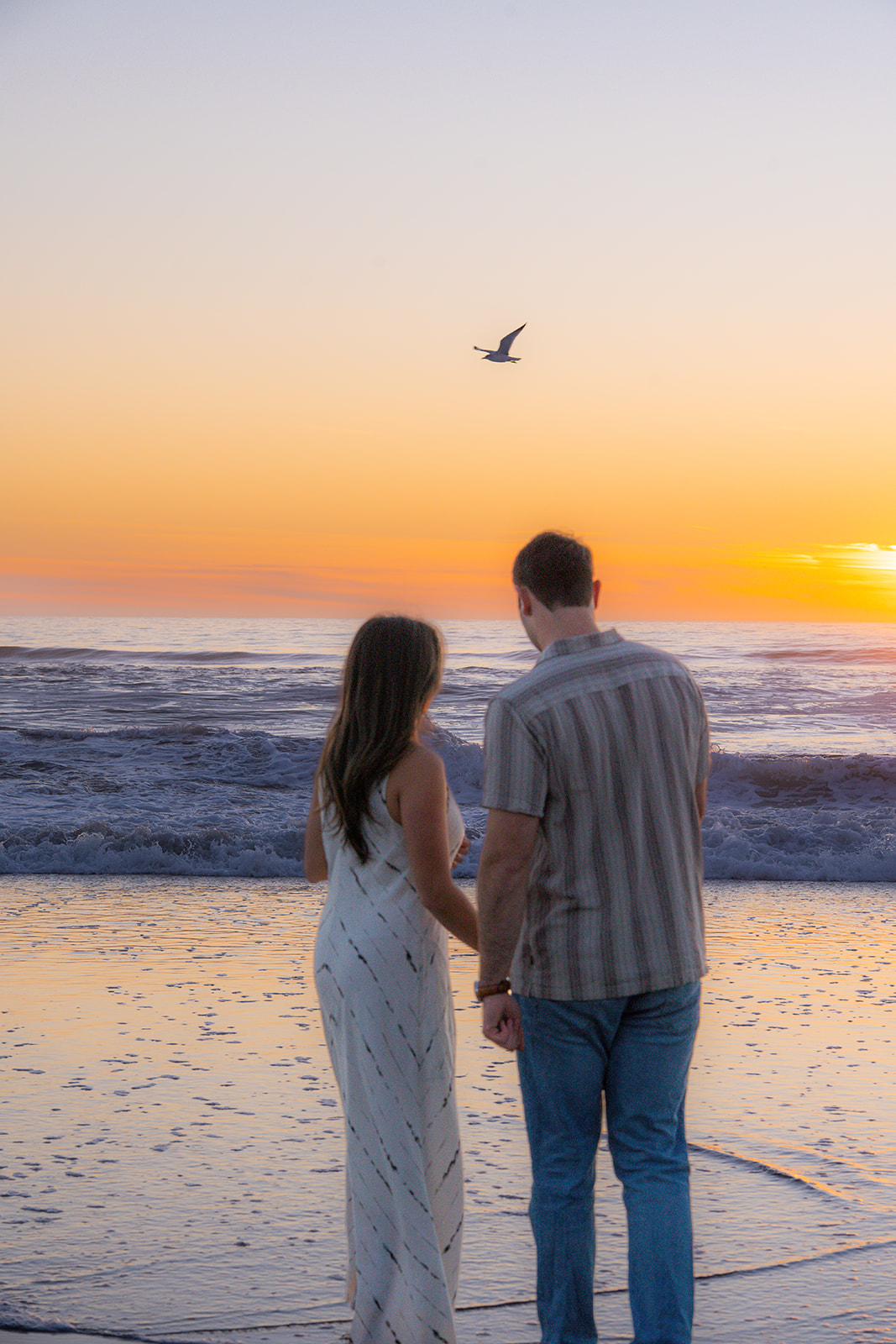 Cinematic photo of a couple dancing in the ocean while watching a bird in Santa Cruz.