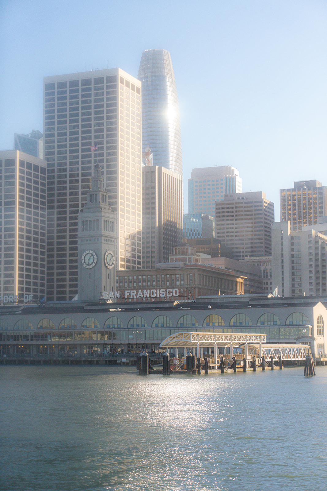 View of the San Francisco city skyline from a boat during a wedding cruise on the bay