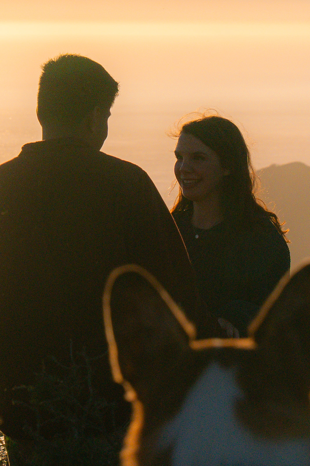 Couple with their dog on a cliffside at sunset near Battery Spencer overlooking San Francisco.